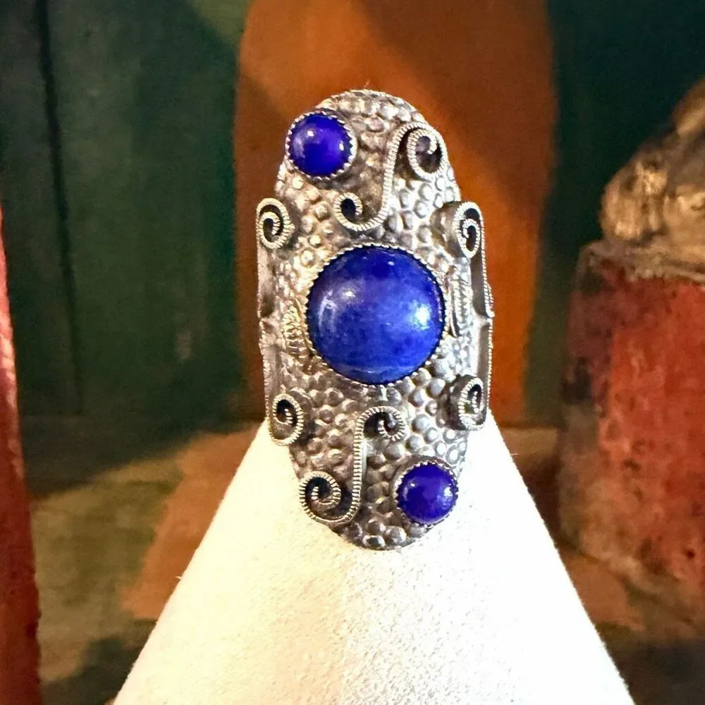 NEMCO Sculptural Silver Tone Statement Ring with Blue Cabochons